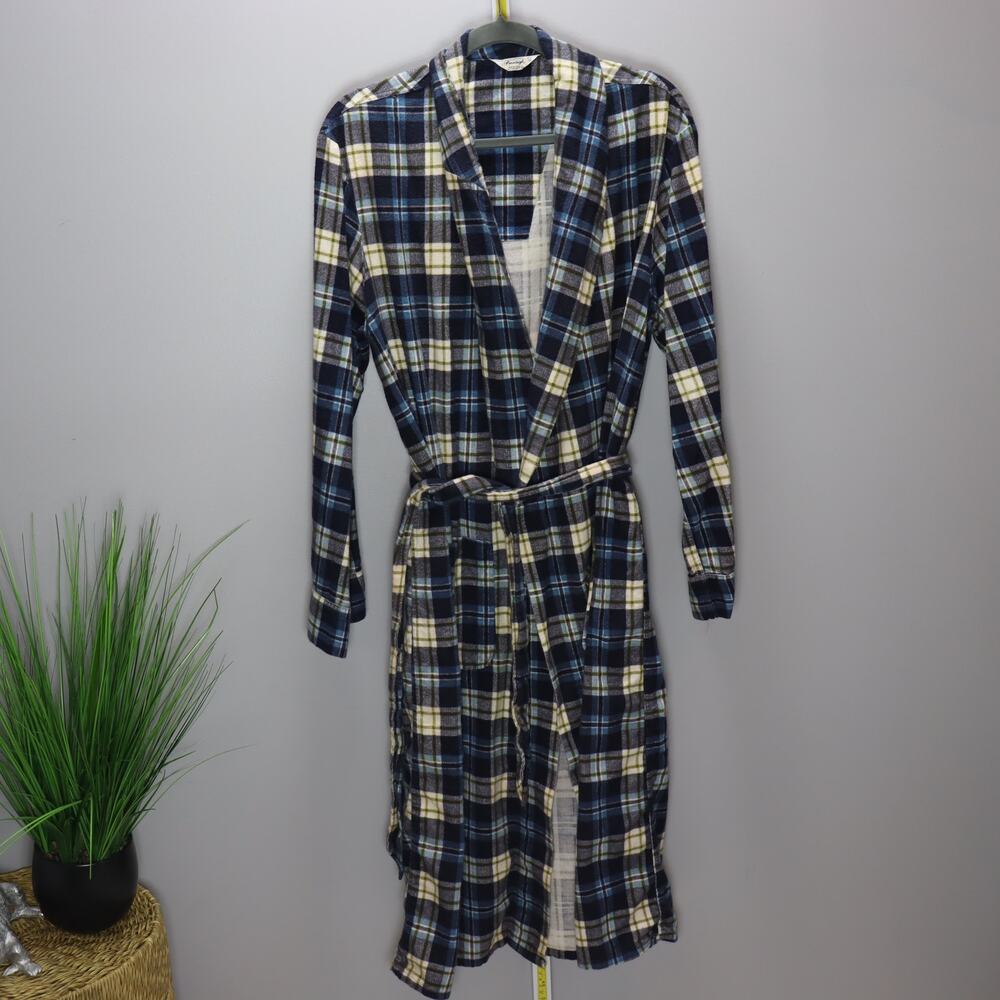 Vintage Pennleigh Plaid Flannel Robe L Blue Green White Belted